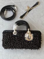 LADY D-JOY MEDIUM BAG BLACK FABRIC WITH FRINGED GLASS BEAD EMBROIDERY 26CM