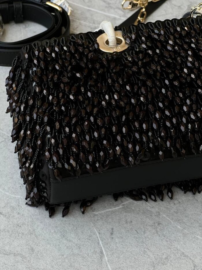 LADY D-JOY MEDIUM BAG BLACK FABRIC WITH FRINGED GLASS BEAD EMBROIDERY 26CM - Image 3