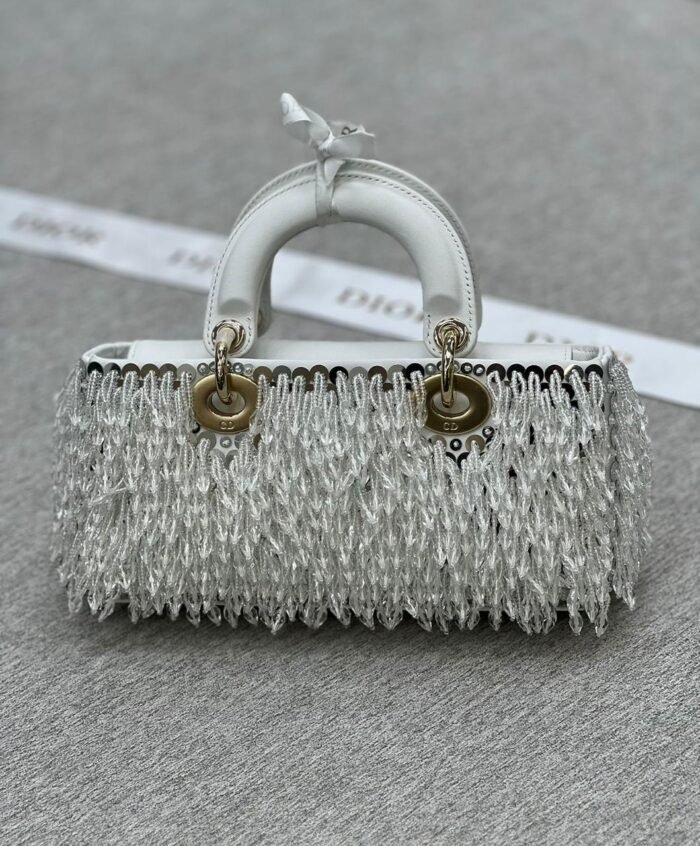 LADY D-JOY MEDIUM BAG BLACK FABRIC WITH FRINGED GLASS BEAD EMBROIDERY 22CM - Image 3