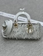 LADY D-JOY MEDIUM BAG BLACK FABRIC WITH FRINGED GLASS BEAD EMBROIDERY 22CM