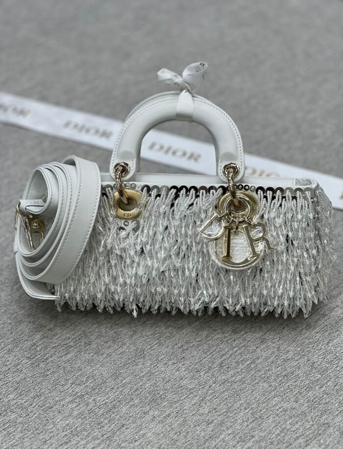 LADY D-JOY MEDIUM BAG BLACK FABRIC WITH FRINGED GLASS BEAD EMBROIDERY 22CM - Image 1
